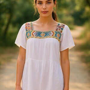 JOHNNY WAS ANTHROPOLOGIE White Cotton Mini Dress M Cinch Waist Cover Up Huipil